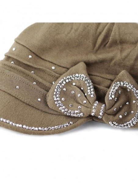 Skullies & Beanies Womens Knit Visor Beanie Cap with Ribbon and Rhinestone Hat - Khaki - C8126ILKZ8N $16.75