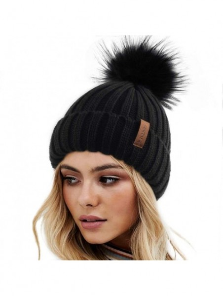 Skullies & Beanies Womens Winter Knitted Beanie Hat with Faux Fur Pom Warm Knit Skull Cap Beanie for Women - 01-black - CS18U...