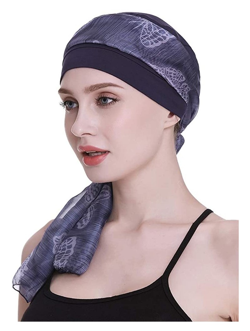 Skullies & Beanies Elegant Chemo Cap With Silky Scarfs For Cancer Women Hair Loss Sleep Beanie - Navy - C718LXASDLE $23.67