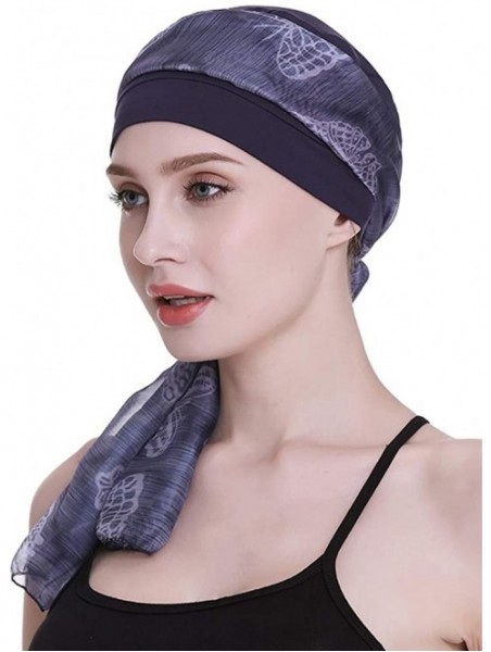 Skullies & Beanies Elegant Chemo Cap With Silky Scarfs For Cancer Women Hair Loss Sleep Beanie - Navy - C718LXASDLE $23.67