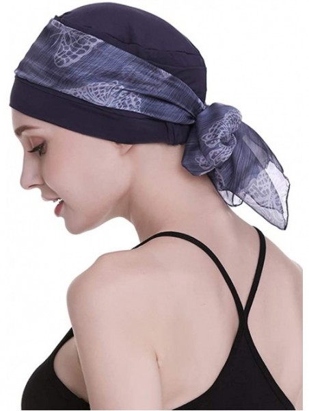 Skullies & Beanies Elegant Chemo Cap With Silky Scarfs For Cancer Women Hair Loss Sleep Beanie - Navy - C718LXASDLE $23.67