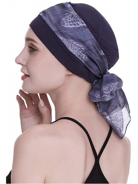 Skullies & Beanies Elegant Chemo Cap With Silky Scarfs For Cancer Women Hair Loss Sleep Beanie - Navy - C718LXASDLE $23.67