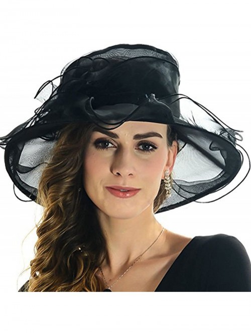 Sun Hats Womens Kentucky Derby Summer Wide Brim Organza Church Party Hats - Black - CR12FOQBC9J $13.21