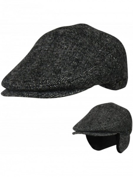 Newsboy Caps 100% Wool Herringbone Winter Ivy Cabbie Hat w/Fleece Earflaps - Driving Hat - Grey - CQ12NFDP4WJ $37.46