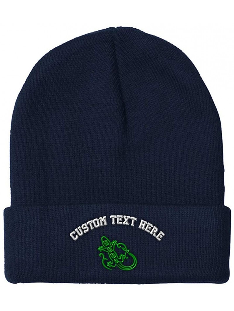 Skullies & Beanies Custom Beanie for Men & Women Green Lizard Reptile Embroidery Skull Cap Hat - Navy - CQ18ZS3E38A $19.63