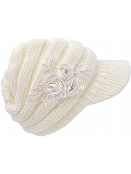 Skullies & Beanies C-US Women Winter Warm & Soft Knit Hat Crochet Visor Brim Cap with Flower Accent - Creamy white - CT184HM5...