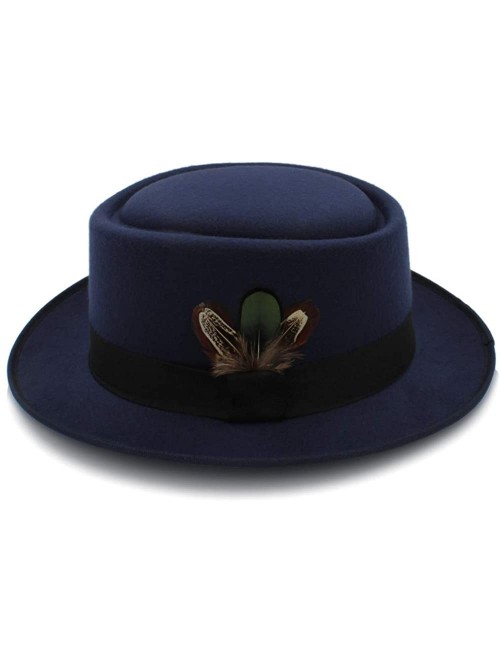 Fedoras Classic Wool Felt Black Pork Pie Hat Porkpie Jazz Fedora Hat Round Top Trilby Stingy Brim Feather Cap - Dark Blue - C...