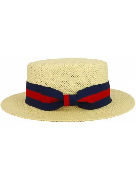 Sun Hats Striped Grosgrain Ribbon Band Straw Fashion Boater Hat - Natural - CZ18RD5OEOM $38.40