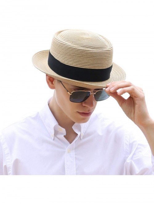 Fedoras Men's Straw Pork Pie Hats Short Brim Fedora Summer Sun Hat - Natural Mix Coffee - CS18O28QG70 $23.36