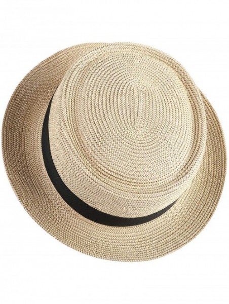 Fedoras Men's Straw Pork Pie Hats Short Brim Fedora Summer Sun Hat - Natural Mix Coffee - CS18O28QG70 $23.36