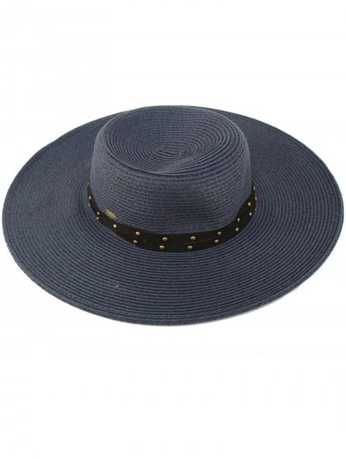 Sun Hats Metal Rivets Hatband Floppy Wide Brim 4" Summer Beach Pool Sun Hat - Navy - CR18D2ZWU6I $18.44