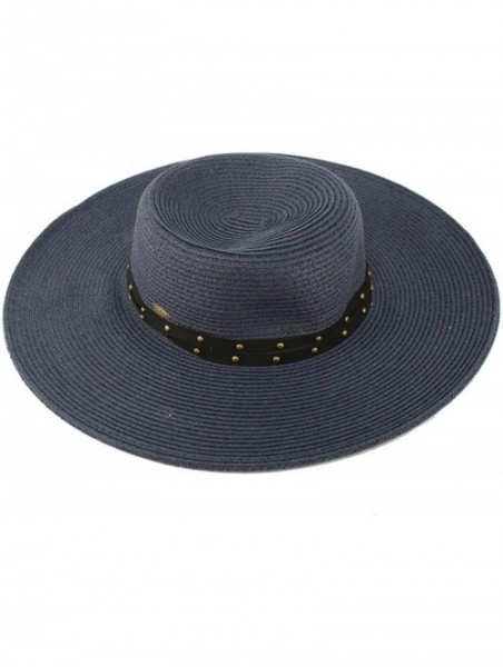 Sun Hats Metal Rivets Hatband Floppy Wide Brim 4" Summer Beach Pool Sun Hat - Navy - CR18D2ZWU6I $18.44