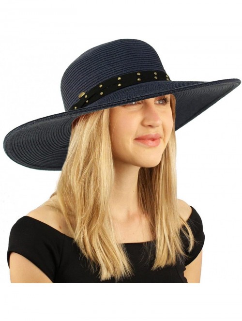 Sun Hats Metal Rivets Hatband Floppy Wide Brim 4" Summer Beach Pool Sun Hat - Navy - CR18D2ZWU6I $18.44