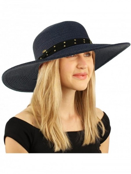 Sun Hats Metal Rivets Hatband Floppy Wide Brim 4" Summer Beach Pool Sun Hat - Navy - CR18D2ZWU6I $18.44