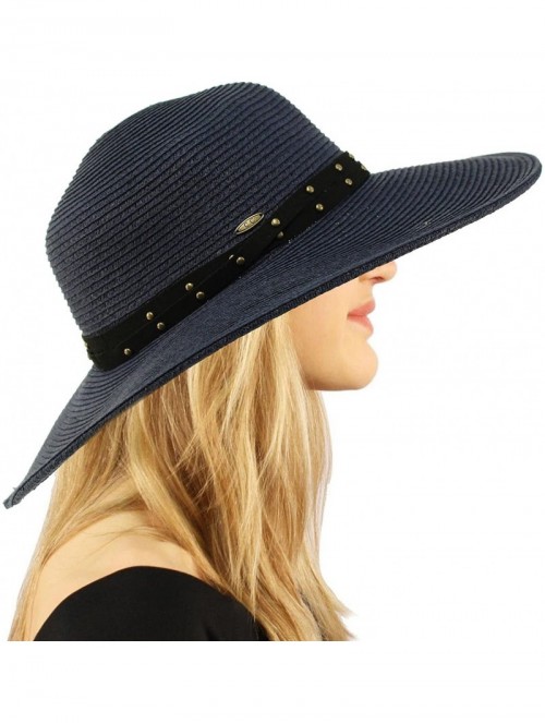 Sun Hats Metal Rivets Hatband Floppy Wide Brim 4" Summer Beach Pool Sun Hat - Navy - CR18D2ZWU6I $18.44