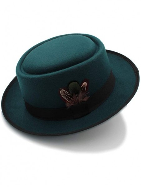 Fedoras Classic Wool Felt Black Pork Pie Hat Porkpie Jazz Fedora Hat Round Top Trilby Stingy Brim Feather Cap - Green - C418L...