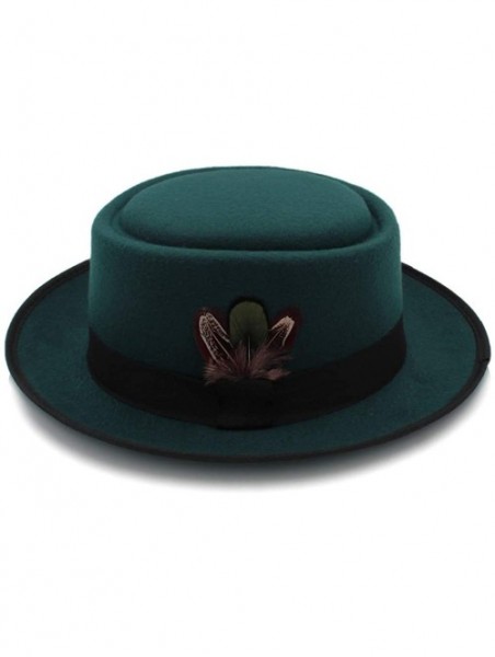 Fedoras Classic Wool Felt Black Pork Pie Hat Porkpie Jazz Fedora Hat Round Top Trilby Stingy Brim Feather Cap - Green - C418L...