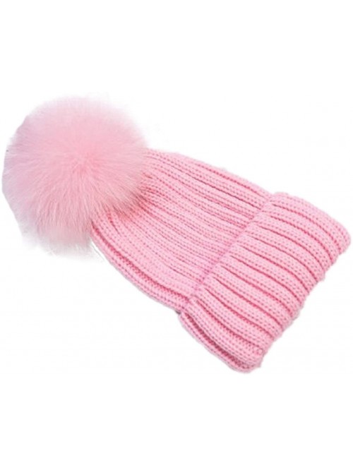 Skullies & Beanies Womens Knitted Hat Fox Fur Pom Pom Warm Slouchy Beanie Cap - Light Pink - CK188NKT03A $18.80