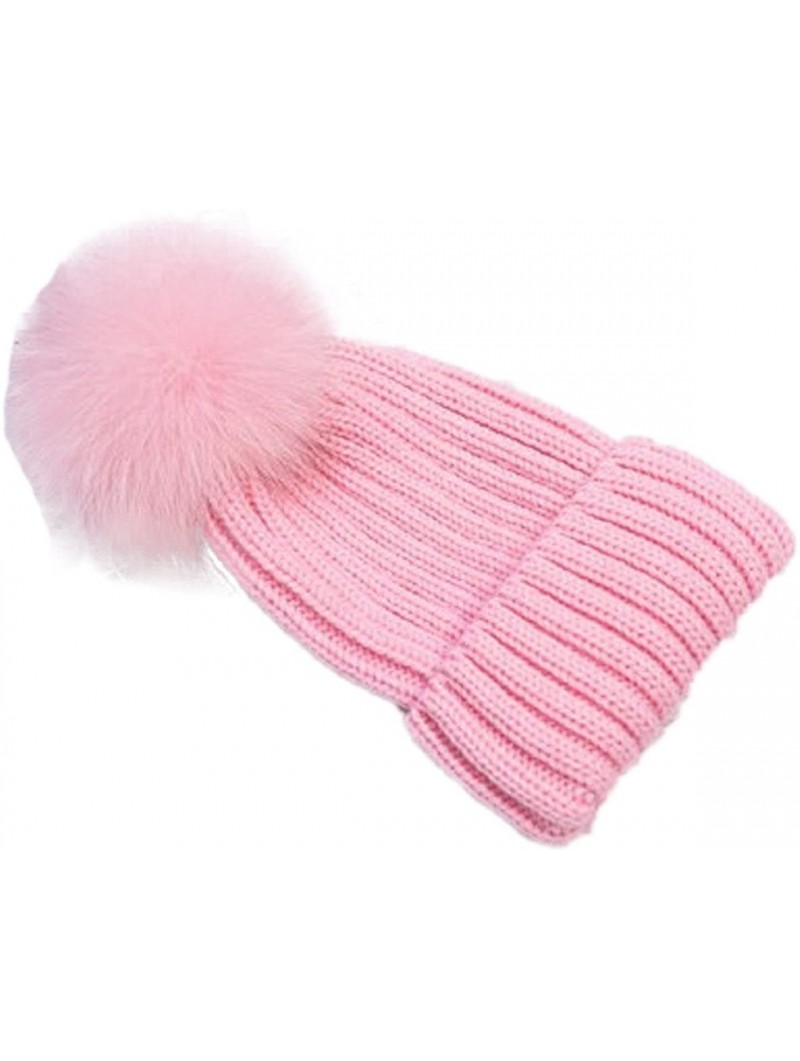 Skullies & Beanies Womens Knitted Hat Fox Fur Pom Pom Warm Slouchy Beanie Cap - Light Pink - CK188NKT03A $18.80