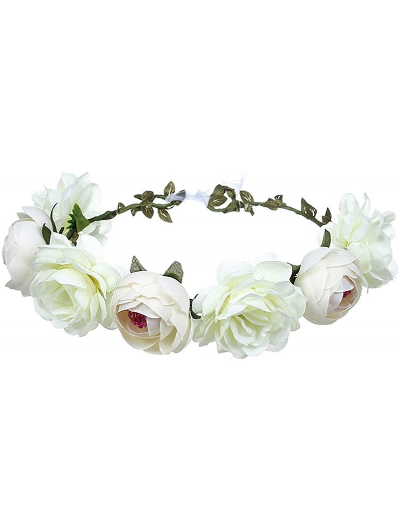 Headbands Women Rose Floral Crown Hair Wreath Leave Flower Headband with Adjustable Ribbon - White - CV18H5UIN3H $11.64