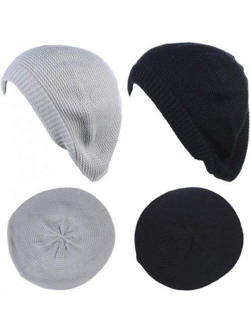 Berets Chic French Style Lightweight Soft Slouchy Knit Beret Beanie Hat in Solid - 2-pack Lt.gray & Black - C818LCCSUUT $17.20