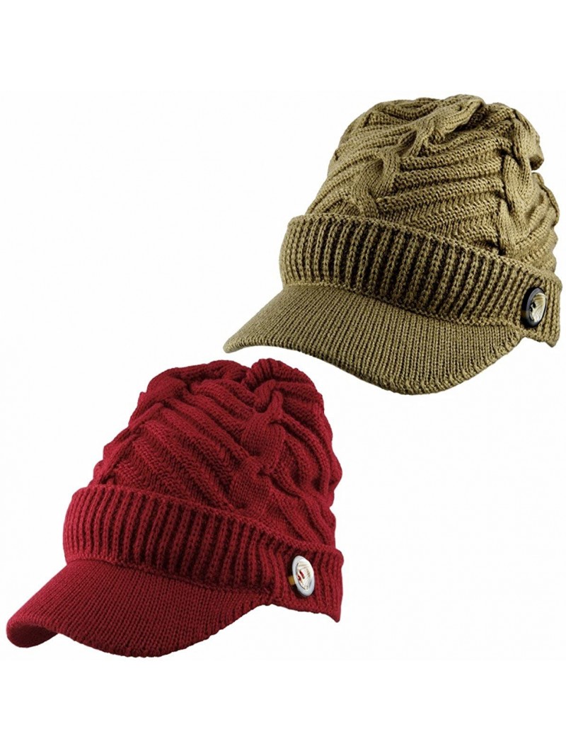 Skullies & Beanies Womens Beanie Hat with Visor-Winter Warm Cable Knit Ski Cap 2 or 1 Pack - 02-dark Red+dark Khaki - C812O4L...