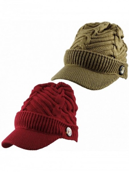 Skullies & Beanies Womens Beanie Hat with Visor-Winter Warm Cable Knit Ski Cap 2 or 1 Pack - 02-dark Red+dark Khaki - C812O4L...