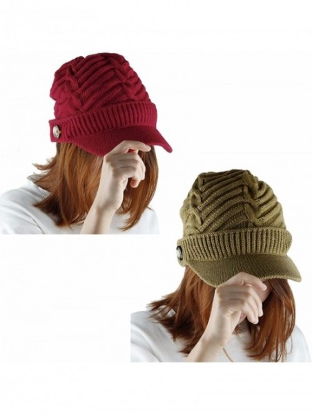 Skullies & Beanies Womens Beanie Hat with Visor-Winter Warm Cable Knit Ski Cap 2 or 1 Pack - 02-dark Red+dark Khaki - C812O4L...