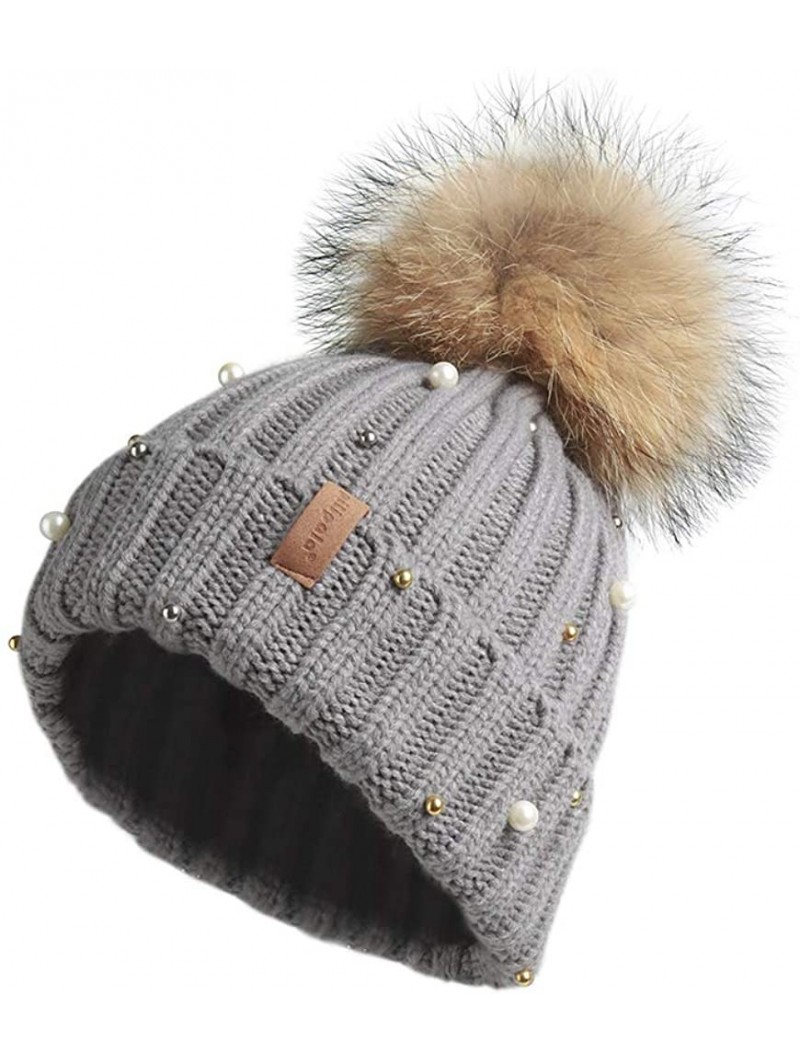 Skullies & Beanies Women Knit Winter Turn up Beanie Hat with Pearl and Fur Pompom - Gray(raccoon Pompom) - CD1894QDKXK $27.95