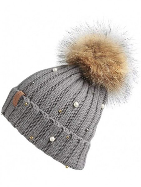 Skullies & Beanies Women Knit Winter Turn up Beanie Hat with Pearl and Fur Pompom - Gray(raccoon Pompom) - CD1894QDKXK $27.95