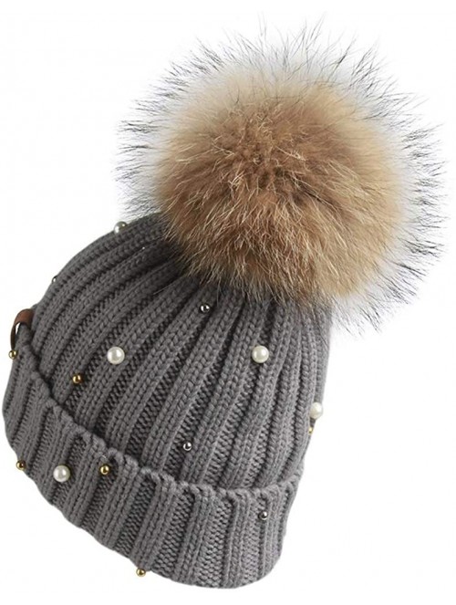 Skullies & Beanies Women Knit Winter Turn up Beanie Hat with Pearl and Fur Pompom - Gray(raccoon Pompom) - CD1894QDKXK $27.95