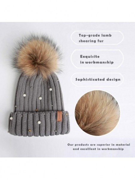 Skullies & Beanies Women Knit Winter Turn up Beanie Hat with Pearl and Fur Pompom - Gray(raccoon Pompom) - CD1894QDKXK $27.95