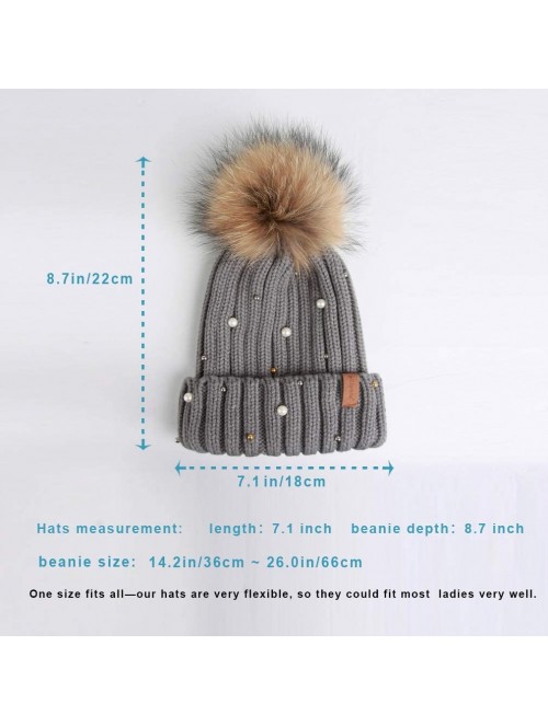 Skullies & Beanies Women Knit Winter Turn up Beanie Hat with Pearl and Fur Pompom - Gray(raccoon Pompom) - CD1894QDKXK $27.95