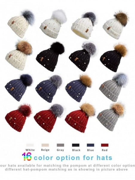 Skullies & Beanies Women Knit Winter Turn up Beanie Hat with Pearl and Fur Pompom - Gray(raccoon Pompom) - CD1894QDKXK $27.95