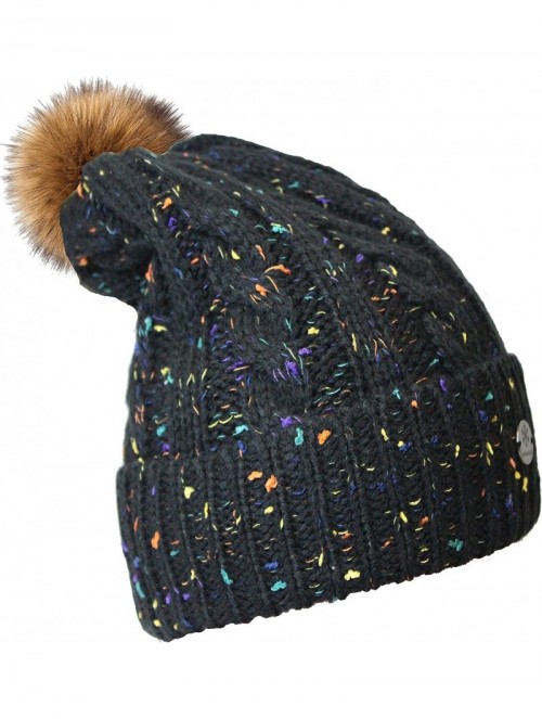 Skullies & Beanies Womens Cable Knit Winter Hat - With A Fleece Lining and Faux Fur Pom Pom - Confetti Black - CO12OBOEMBG $1...