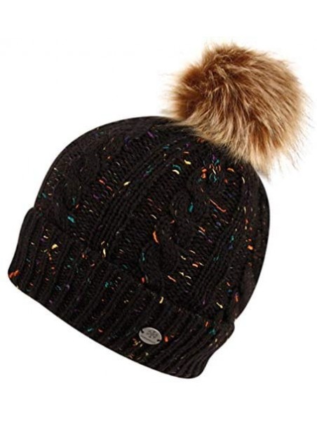 Skullies & Beanies Womens Cable Knit Winter Hat - With A Fleece Lining and Faux Fur Pom Pom - Confetti Black - CO12OBOEMBG $1...