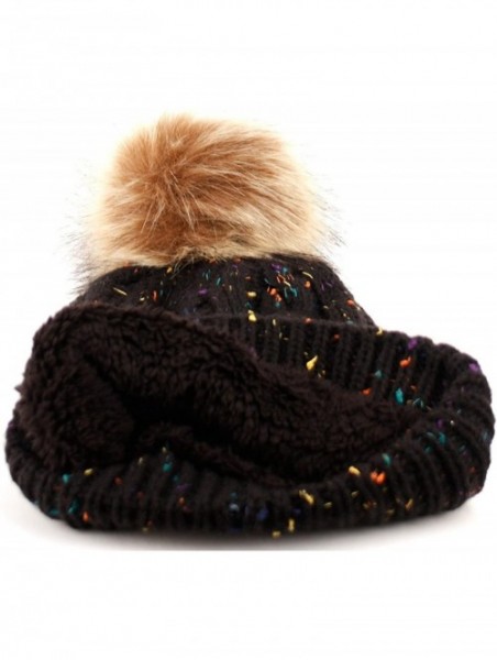 Skullies & Beanies Womens Cable Knit Winter Hat - With A Fleece Lining and Faux Fur Pom Pom - Confetti Black - CO12OBOEMBG $1...