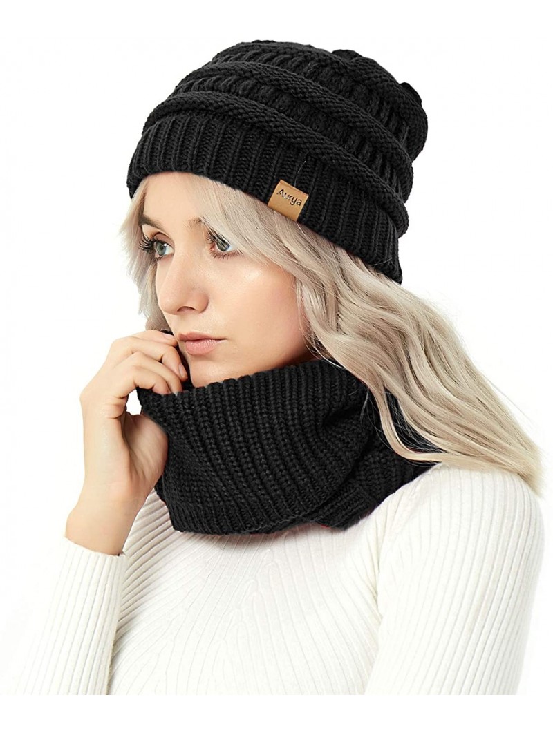 Skullies & Beanies Winter Cable Knit Beanie Hat and Infinity Scarf Set-Men&Women Warm Skull Cap - Black(beanie&scarf Set) - C...