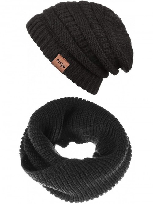 Skullies & Beanies Winter Cable Knit Beanie Hat and Infinity Scarf Set-Men&Women Warm Skull Cap - Black(beanie&scarf Set) - C...