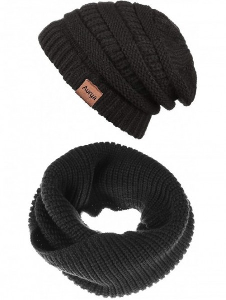 Skullies & Beanies Winter Cable Knit Beanie Hat and Infinity Scarf Set-Men&Women Warm Skull Cap - Black(beanie&scarf Set) - C...