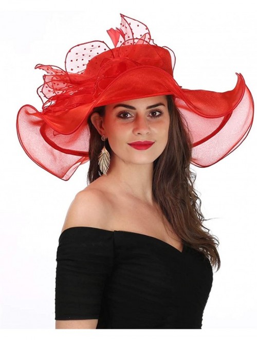 Sun Hats Women Kentucky Derby Church Beach Fascinators Hat Wide Floral Brim Flat Hat with Bowknot - New Red - CX18E662ERS $32.69