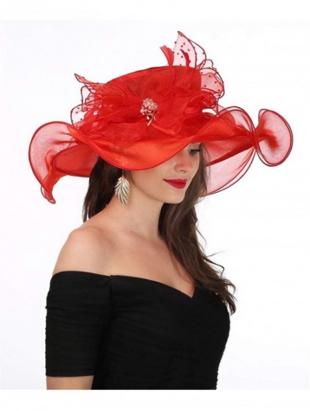 Sun Hats Women Kentucky Derby Church Beach Fascinators Hat Wide Floral Brim Flat Hat with Bowknot - New Red - CX18E662ERS $32.69