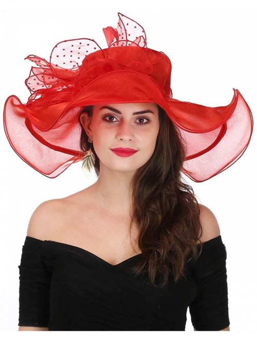 Sun Hats Women Kentucky Derby Church Beach Fascinators Hat Wide Floral Brim Flat Hat with Bowknot - New Red - CX18E662ERS $32.69