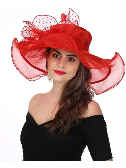 Sun Hats Women Kentucky Derby Church Beach Fascinators Hat Wide Floral Brim Flat Hat with Bowknot - New Red - CX18E662ERS $32.69