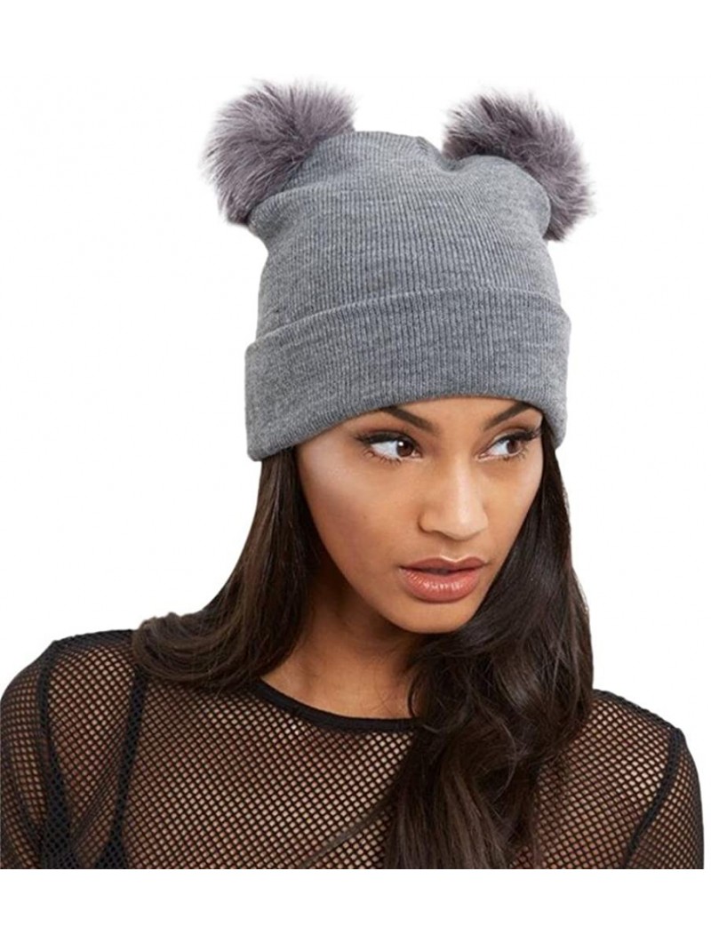 Skullies & Beanies Winter Warm Women Crochet Knit Double Faux Fur Pom Pom Beanie Hat Cap - Gray - C3187AIEHC0 $9.55