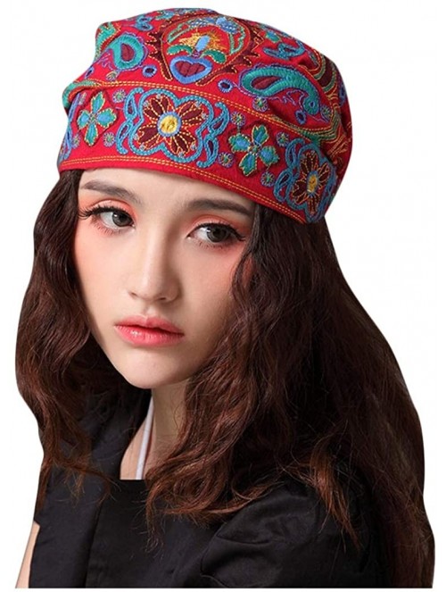 Skullies & Beanies Vintage Pleated Mexican Embroidery Flowers - Red - C918AKL4NSY $12.04