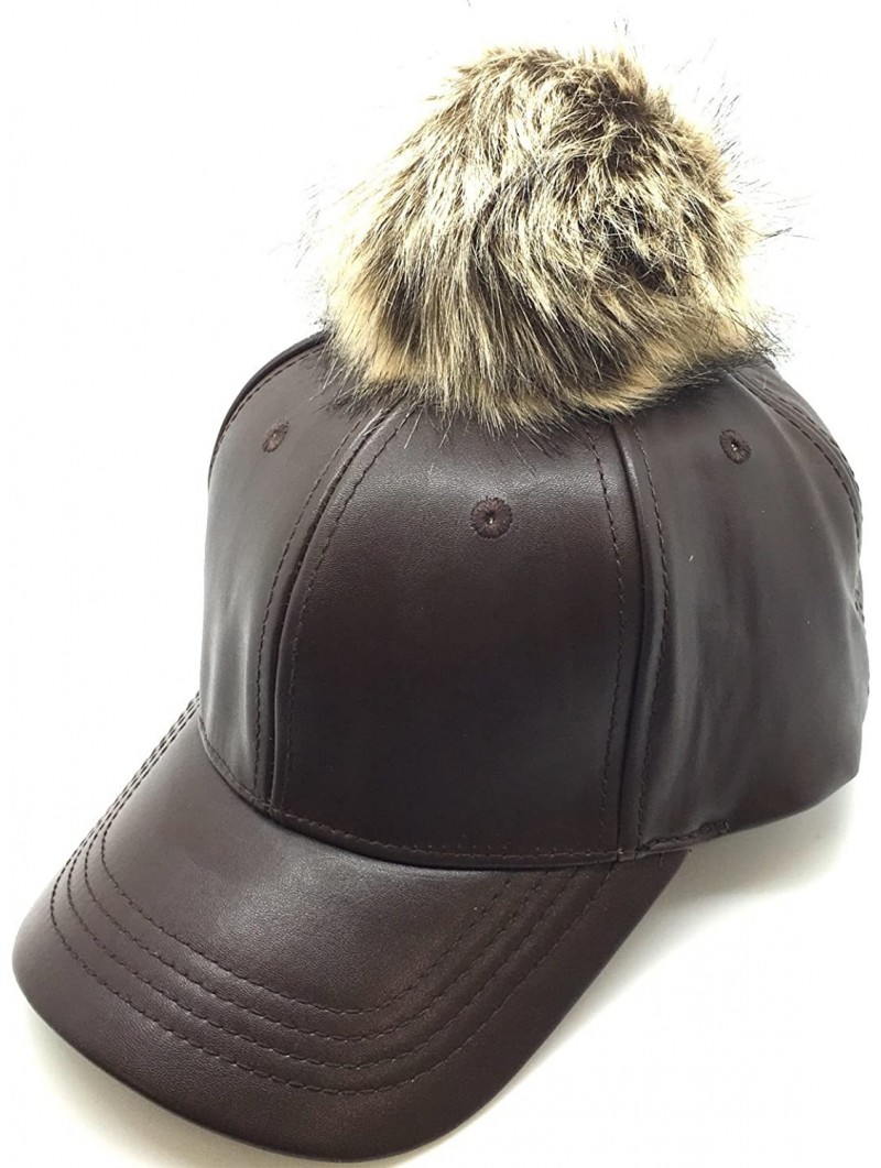 Baseball Caps Faux Leather 6 Panel Pom Pom Baseball Cap - Brown - CG12HL1YI4B $27.28