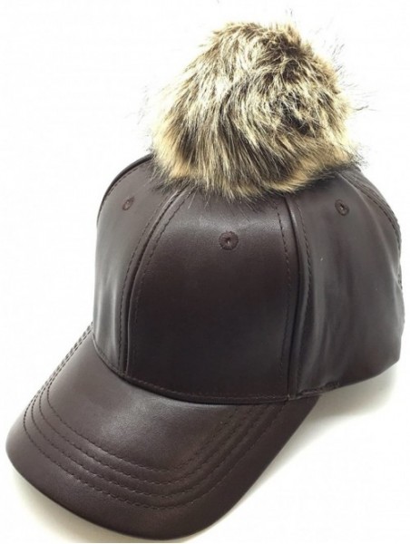 Baseball Caps Faux Leather 6 Panel Pom Pom Baseball Cap - Brown - CG12HL1YI4B $27.28