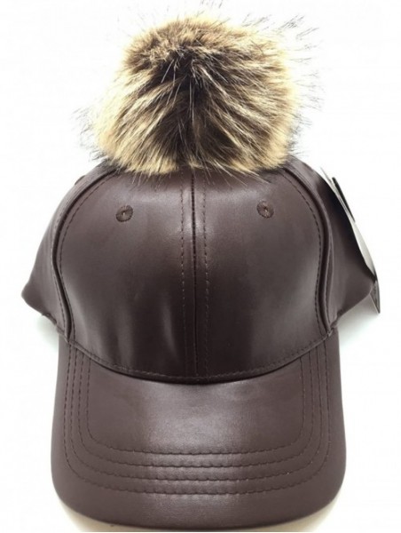 Baseball Caps Faux Leather 6 Panel Pom Pom Baseball Cap - Brown - CG12HL1YI4B $27.28