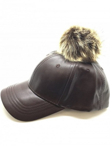 Baseball Caps Faux Leather 6 Panel Pom Pom Baseball Cap - Brown - CG12HL1YI4B $27.28